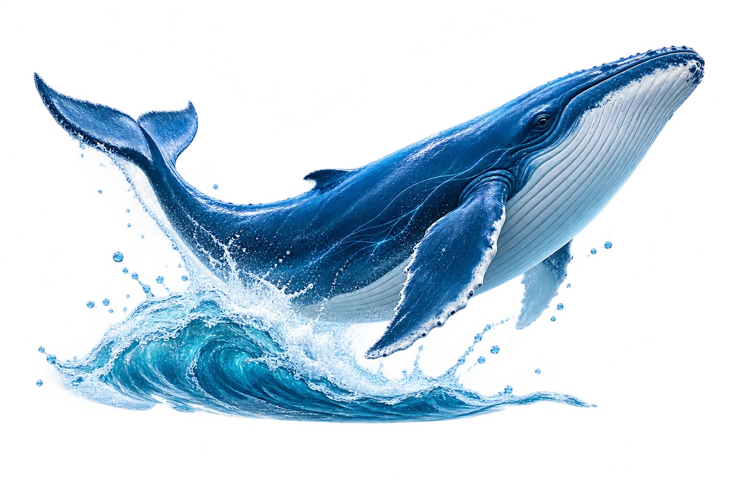 A blue whale breaching above an ocean wave